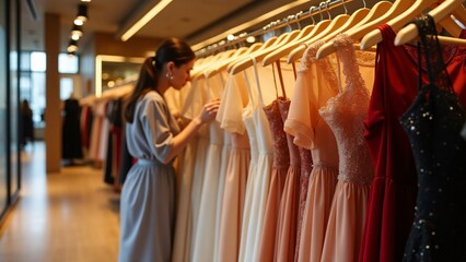 Obraz premium A boutique showcases dresses arranged in a stunning color gradient, from soft pastels to bold hues. Warm lighting enhances textures, creating an elegant, luxurious ambiance.