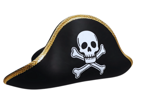 A black pirate hat with a gold skull and crossbones emblem on the front and gold trim around the brim. Perfect for costume parties, Halloween, or pirate-themed events