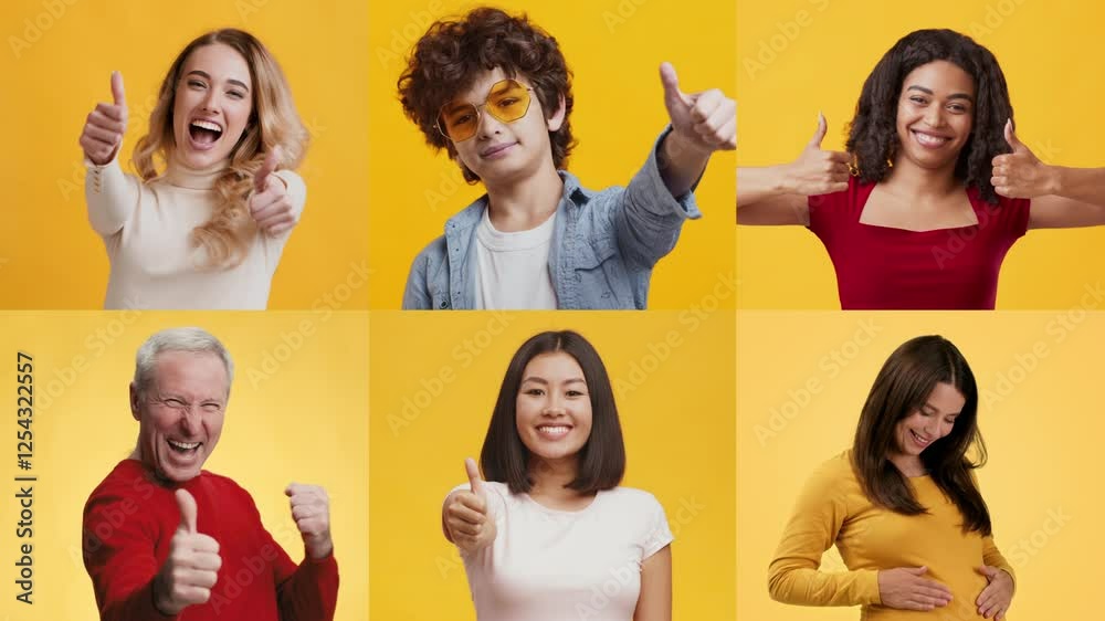 Poster a cheerful gathering features six individuals of varying backgrounds, all expressing positivity with