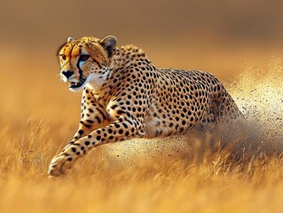 Cheetah Runs Swiftly Across Golden Savanna Grassland