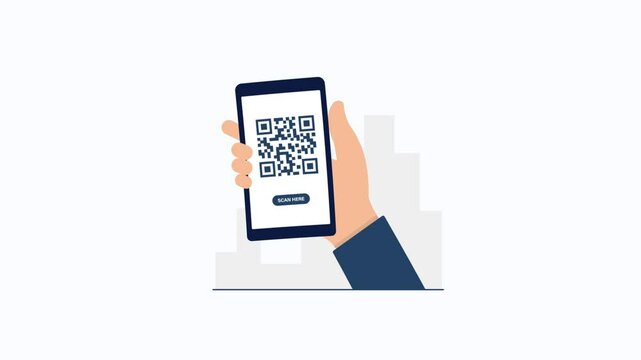 4k Hand Holding Phone with Qr Code. Qr Code Scan Here Concept Animation Video 