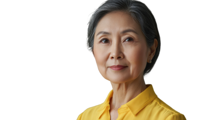 Elderly woman in yellow shirt, exuding wisdom and confidence