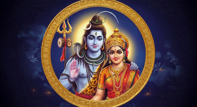 beautiful portrait of Hindu religion god Shiva or shiv with goddess Parvati in golden frame 