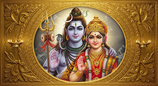 beautiful portrait of Hindu religion god Shiva or shiv with goddess Parvati in golden frame 