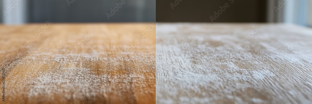 Poster Comparison of dusty furniture surface to clean and shiny counterpart for a clear visual contrast in home maintenance. Generative AI