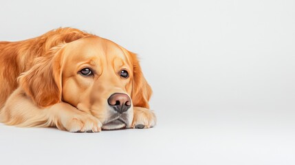 Golden retriever lying down with a thoughtful expression against a plain white background