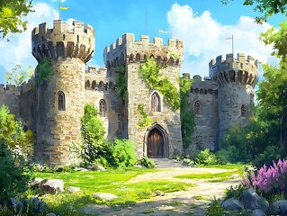 Historical castle with stone towers and green grounds