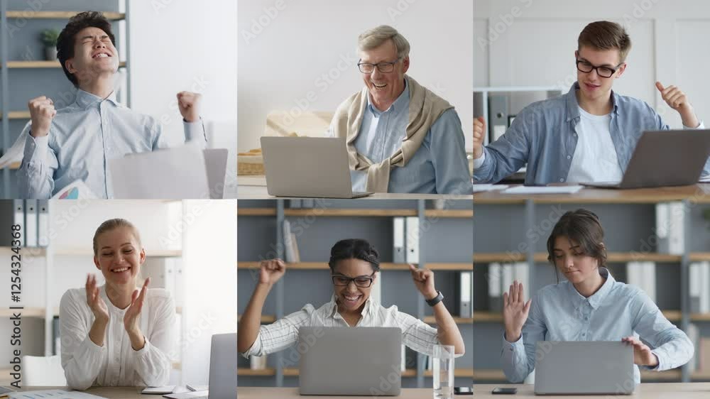 Poster a diverse group of professionals participates enthusiastically in a virtual meeting, sharing ideas a