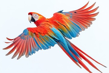 Obraz premium Vibrant red and blue macaw in flight, full-body close-up with detailed feathers, isolated on a white background, high resolution and sharp focus.