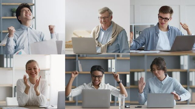 A diverse group of professionals participates enthusiastically in a virtual meeting, sharing ideas and collaborating in a bright office environment