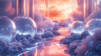 Surreal Glass Sphere Landscape at Sunset