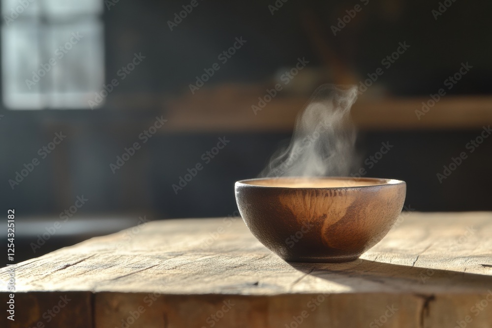 Aufkleber warm coffee cup resting on rustic wooden table with steam rising in cozy setting during morning. gen