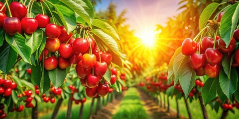 Obraz premium Lush Cherry Orchard with Juicy Red Cherries on Vibrant Green Branches, Perfect for Product Photography, Summer Harvest, Organic Farming, Fresh Fruits, and Nature's Bounty