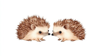 Two adorable hedgehogs facing each other on a white background, showcasing their unique features