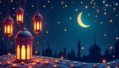 Obraz premium Ramadan and Eid Al Fitr banner,card,poster, Vibrant Ramadan Lanterns with copy space