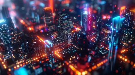 Fototapeta premium A sprawling cityscape of abstract buildings each one housing a different crypto mining operation illuminated by neon lights.