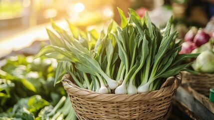 Obraz premium Fresh wild garlic in a woven basket at a vibrant farmer's market showcasing seasonal produce during the day