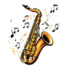 Naklejka premium An artistic illustration of a saxophone surrounded by musical notes, representing the vibrant world of jazz music.