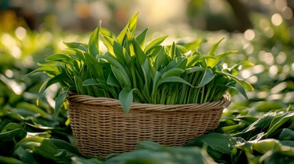 Fresh wild garlic gathered in a woven basket at a vibrant farmer's market in springtime sunlight