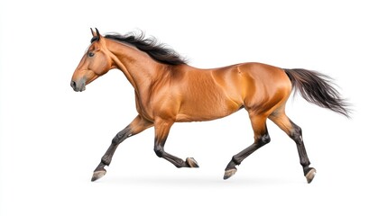Obraz premium Majestic brown horse galloping gracefully across a plain white background, showcasing its strength and elegance