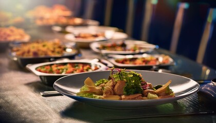 buffet food on plates on table, dinning table background, copy space