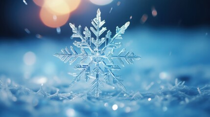 Close-up of a delicate snowflake captured against a soft blue backdrop, highlighting the beauty of winter's unique crystal formations.