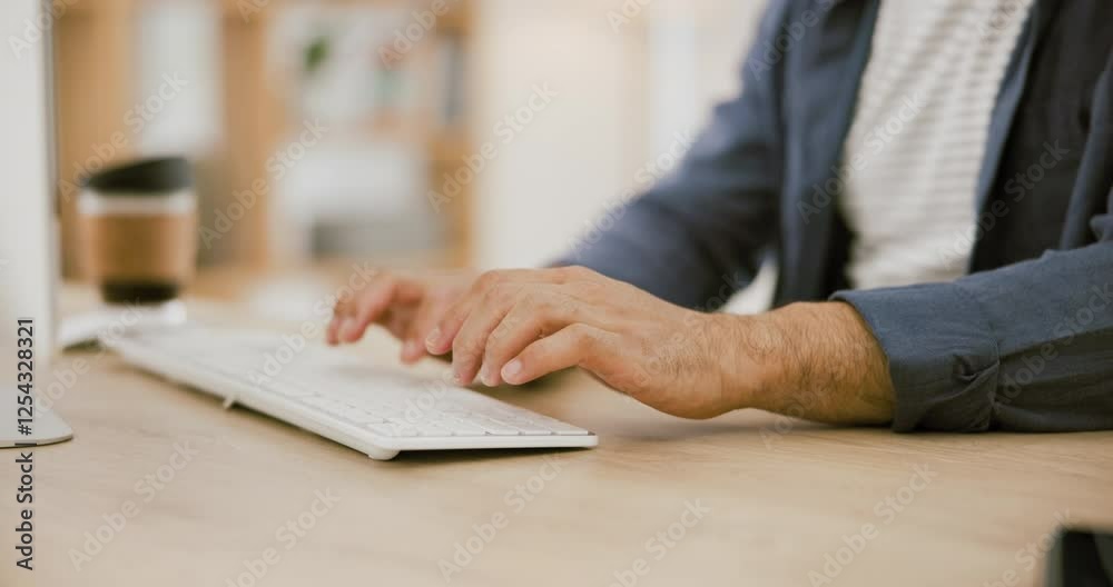 Aufkleber Hands, businessman at desk with computer and typing for market research for online article, review or feedback. Writing email, website search and man in office working on business development report.