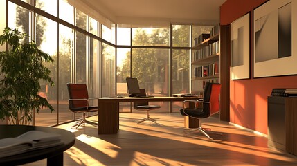 Fototapeta premium 3D render of modern office with ergonomic chairs and windows 