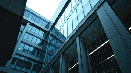 Close-up of a modern glass skyscraper reflecting the sky and cityscape in its sleek surface