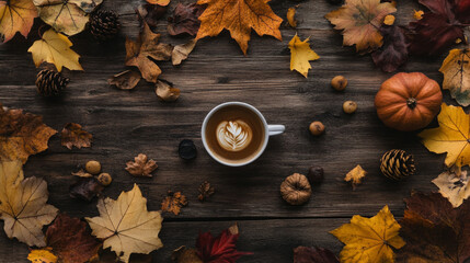 Fototapeta premium cup of coffee with latte art surrounded by autumn leaves and pinecones