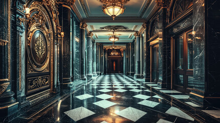 Obraz premium Elegant marble hallway with ornate decor, vintage lighting, and polished floors in a grand building