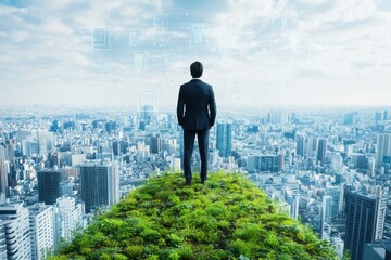 Executive Standing on High-Tech Rooftop Overlooking City Skyline