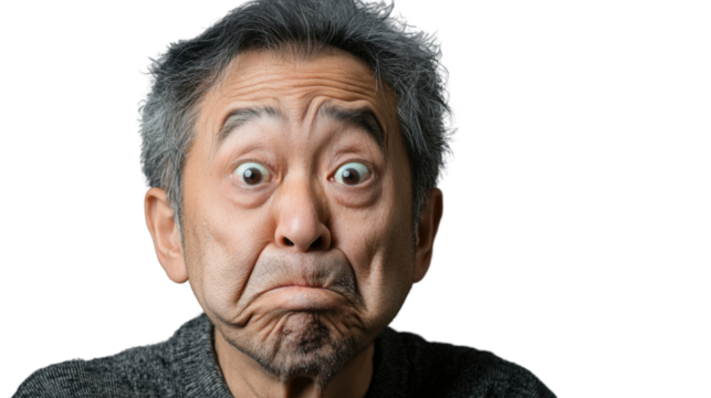 Senior man making grimace with transparent background