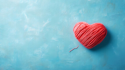 Red Heart-Shaped Yarn on Blue Canvas
