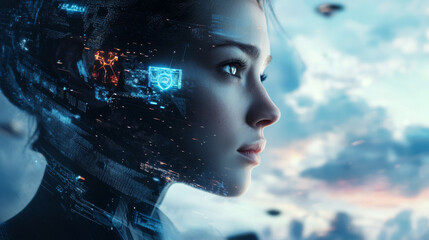 futuristic woman with digital interface elements in sci fi setting