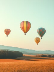 Fototapeta premium Hot air balloons gracefully soaring over a sprawling golden field at sunset near rolling hills. Generative AI