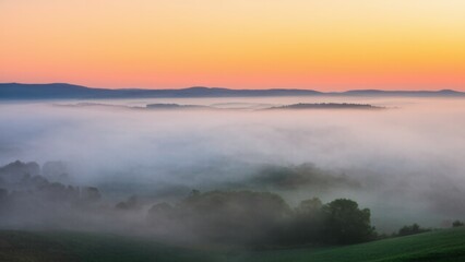 Enchanting Foggy Village at Dawn &ndash; Dreamy Sunrise Over Misty Landscape