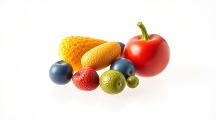 Close-up of fresh fruits like apples, berries, and oranges arranged neatly on a table