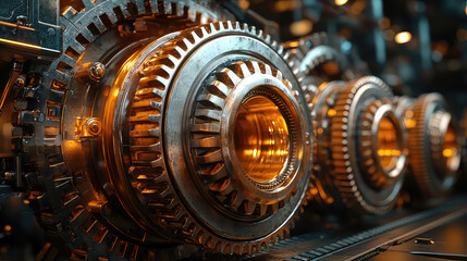 Fototapeta premium Close-up of intricate metallic gears glowing with warm light, showcasing industrial machinery details and complex engineering.