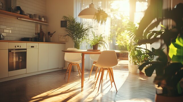 Cozy kitchen bathed in warm sunlight with plants and a dining table