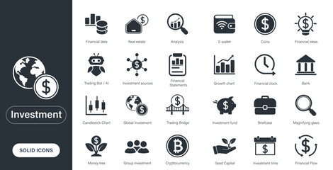 Solid vector icons themed around investment, business, finance, banking, and markets.