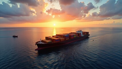 Fototapeta premium Majestic black and red container ship, dotted with high stacks of containers, accentuated by a striking red stripe along its hull—a symbol of global trade's dynamic flow