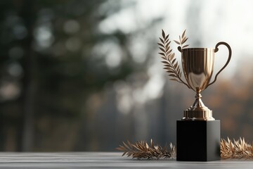 Fototapeta premium A gleaming golden trophy stands proudly on a wooden table, accompanied by decorative laurels. The background features a softly blurred natural landscape, suggesting a celebration