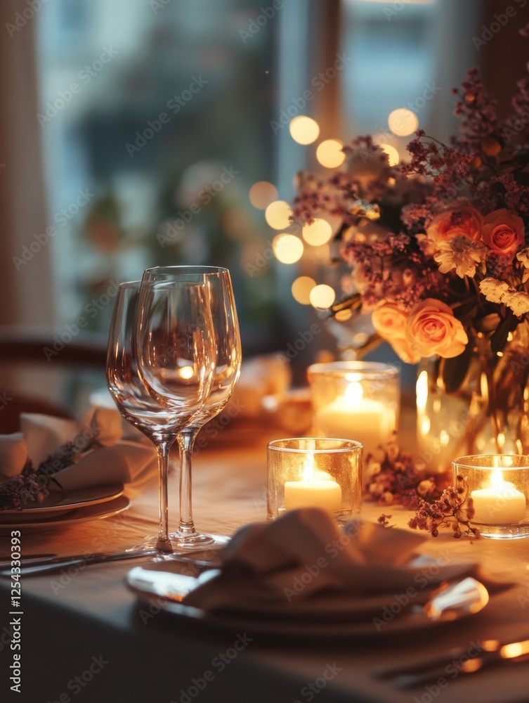 Aufkleber elegant festive dining table adorned with glowing candles and fresh flowers for a memorable gatherin