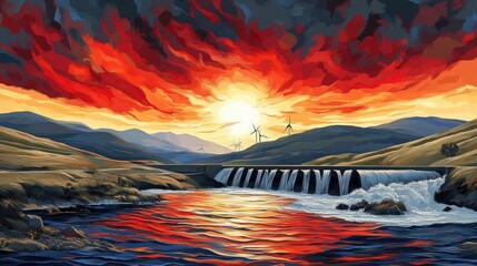 Dramatic sunset over dam, wind turbines, hills. Renewable energy