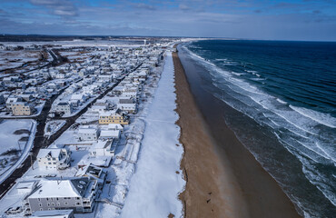 Aerial view of Salisbury Beach, Massachusetts in winter 