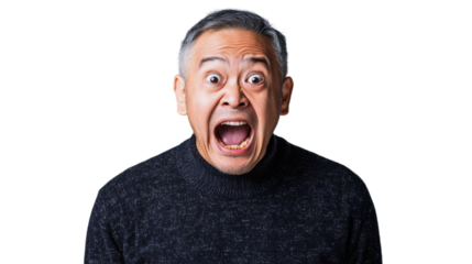 Mature man showing fear and surprise expression with transparent background
