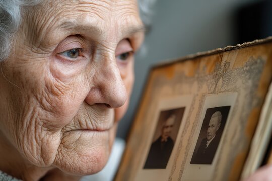 An elderly woman gazes thoughtfully at a vintage photo album filled with historical portraits. The warmth of memories reflects in her eyes, bringing together past and present