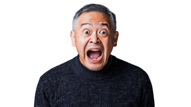 Mature man showing fear and surprise expression with transparent background