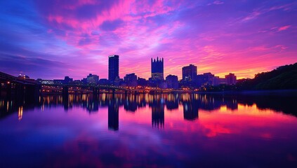 Fototapeta premium Pittsburgh Skyline at Sunrise: A Vibrant Reflection